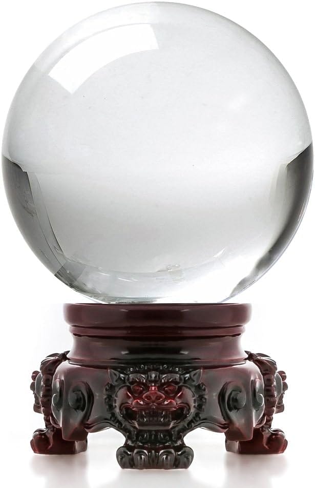 Amlong Crystal 3 inch (80mm) Clear Crystal Ball with Redwood Lion Resin Stand and Gift Box for Decorative Ball, Lensball Photography, Gazing Divination or Feng Shui, and Fortune Telling Ball