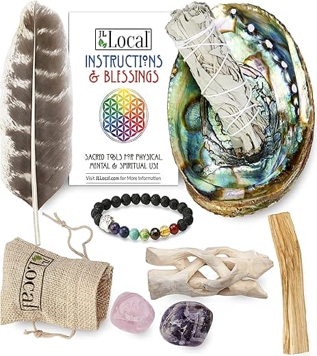 Aura Chakra Smudging Kit - White Sage Smudge Sticks, Palo Santo, Amethyst, Rose Quartz, Abalone Shell, Stand & Chakra Bracelet