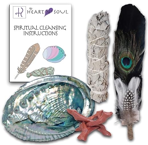 Complete Smudge Kit with Sage, Feather, Abalone Shell, Stand - Energy Cleansing Clearing Spiritual Practice House Smudging - Detailed Instructions for Beginners… (Black Turkey Feather)