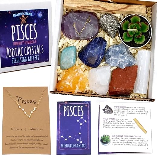 DANCING BEAR Pisces Zodiac Healing Crystals Gift Set (14 Pc): 9 Stones, 18K Gold-Plated Constellation Necklace, Meteorite, Succulent Candle, Palo Santo Smudge Stick, and Info Guide, Made in The USA