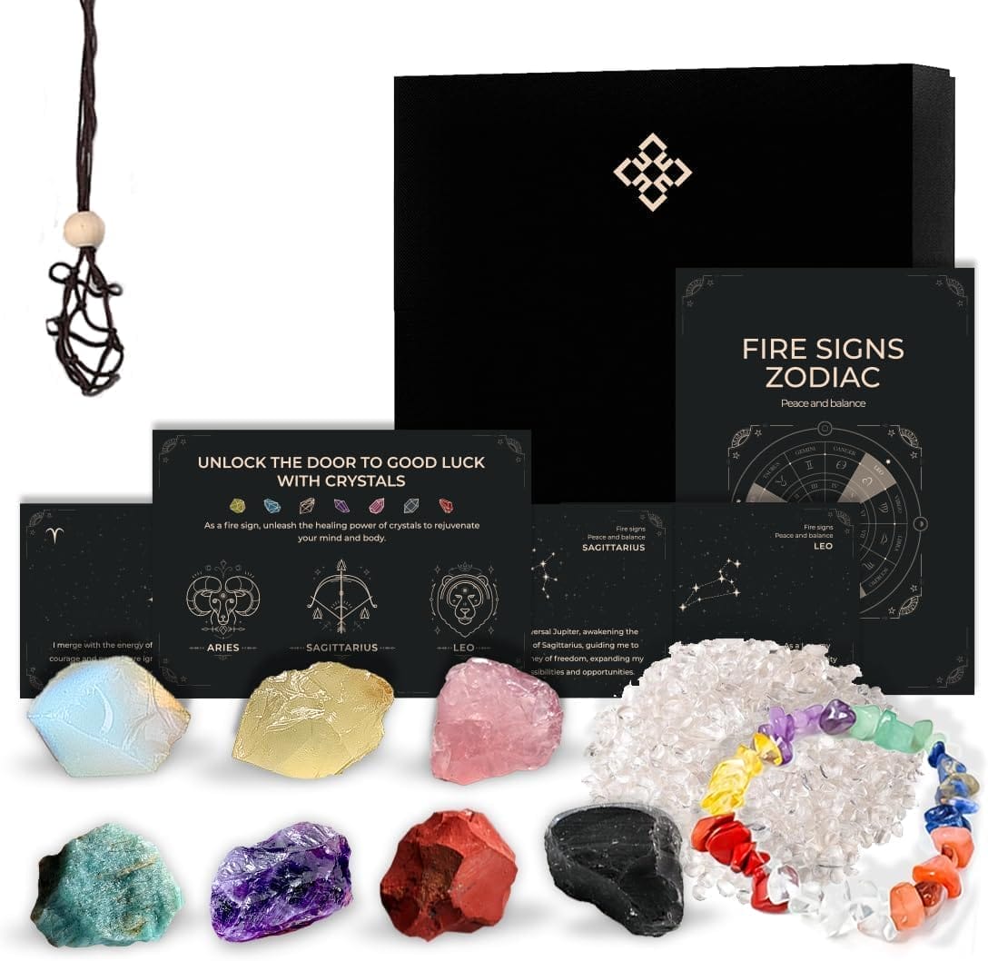 Healing Crystals Gift Set, 8pcs, Leo, Aries, Sagittarius, Zodiac Signs Crystals and Stones Gift for Women, (Citrine, Amazonite, Obsidian, Amethyst, Rose Quartz, Opal, Red Jasper)