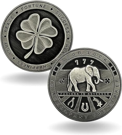 Luck Lab Two Sided Lucky Coin Featuring One Side with a Four Leaf Clover and One Side with Elephant and Lucky Symbols - 1.5 inches