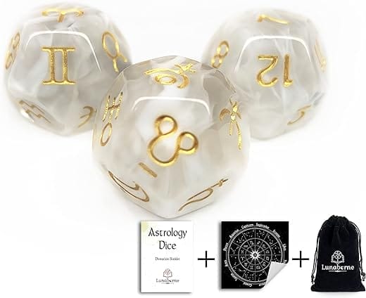 Lunaborne Astrological Divination Dice - Includes Instruction Booklet, Divination Cloth, & Velvet Drawstring Bag